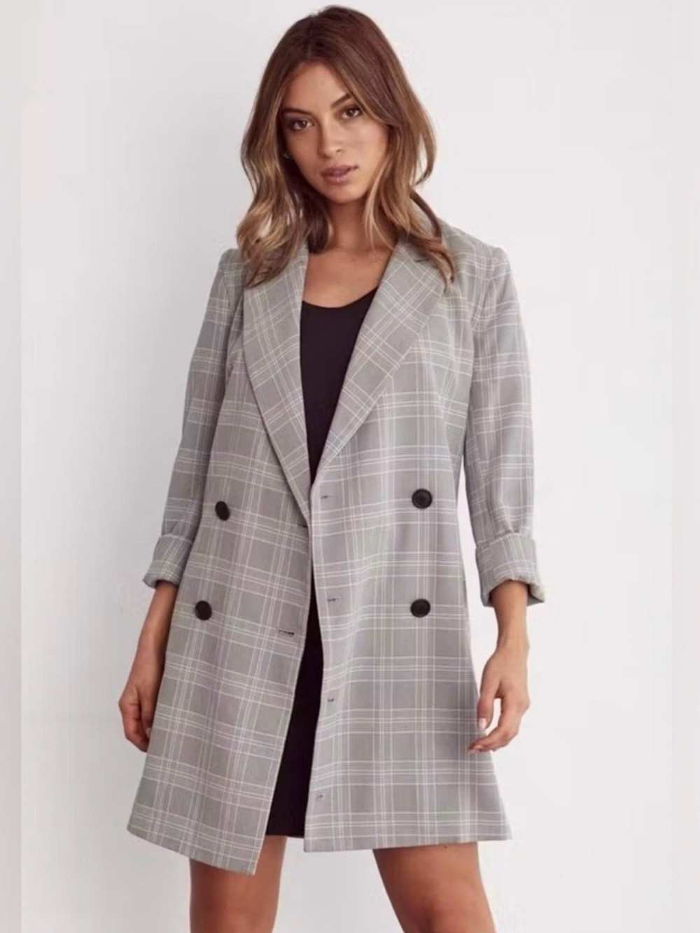 VETTA Grey Plaid Double-Breasted Blazer Dress